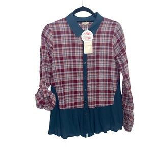 Hem & Thread Women's Mix Media Long Sleeve Collared Button Down 100% Cot…